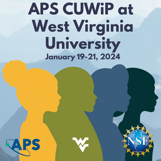 CUWip Poster with four womens heads to represent diversity; includes the conference title APS CUWiP at West Virginia University and the sponsor logos for Advancing Physics Society, West Virginia University and the National Science Foundation.